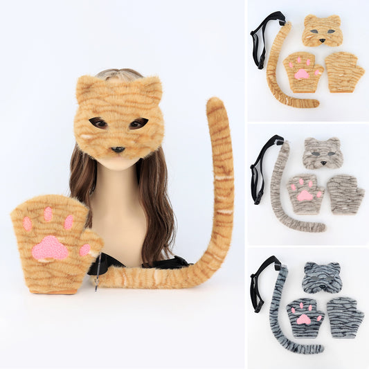 Halloween Plush Cat Mask, Tail and Gloves Set - Handmade Cosplay Costume Accessories for Parties