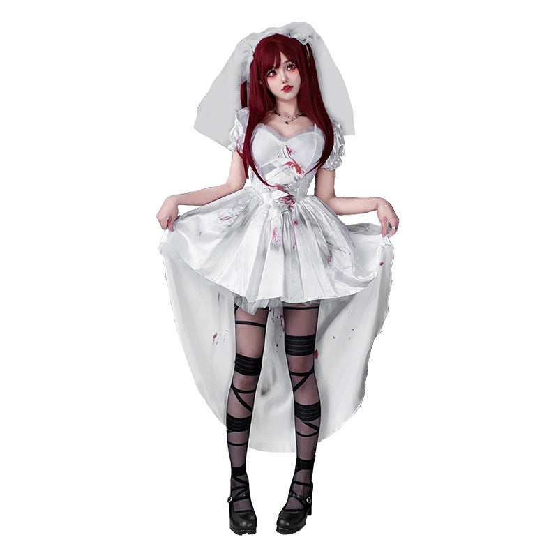 Gothic Zombie Bride Halloween Costume | Blood Splatter Dress & Veil Set | Women's