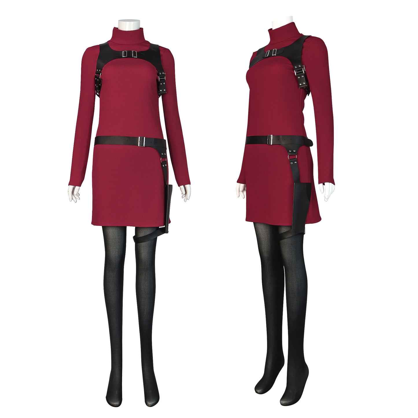 Ada Wong Cosplay Costume – Resident Evil 4 Remake | Dark Red Turtleneck Dress, Tactical Harness, Belt Holster & Socks | XS–3XL