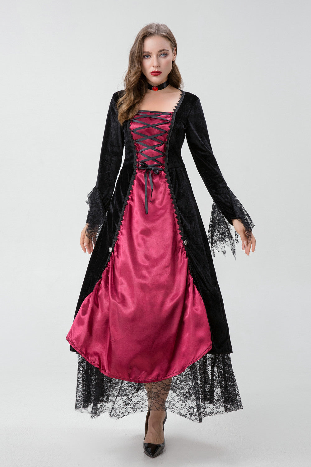 Women's Gothic Vampire Queen Halloween Gown – Burgundy Satin & Black Velvet Lace Dress with Choker | S–XL
