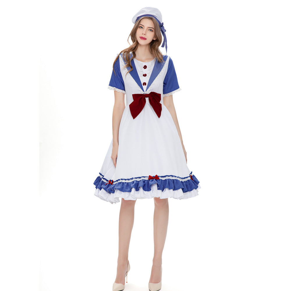 Women's Alice in Wonderland Lolita Cosplay Dress Set – White & Blue Sailor Collar Midi Dress with Ruffle Hem & Beret Hat | S–XL
