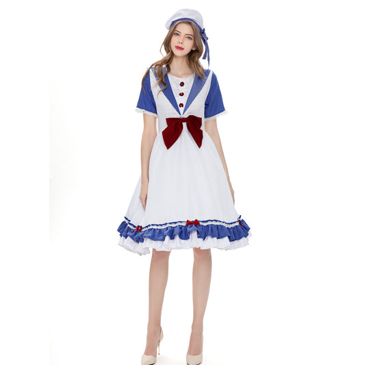 Women's Alice in Wonderland Lolita Cosplay Dress Set – White & Blue Sailor Collar Midi Dress with Ruffle Hem & Beret Hat | S–XL