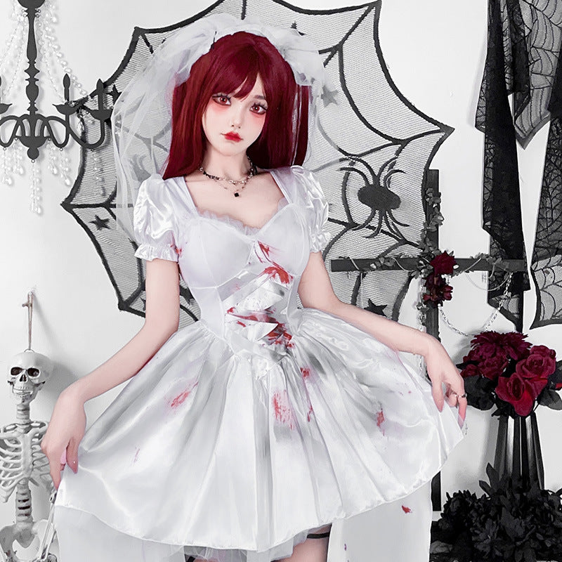 Gothic Zombie Bride Halloween Costume | Blood Splatter Dress & Veil Set | Women's