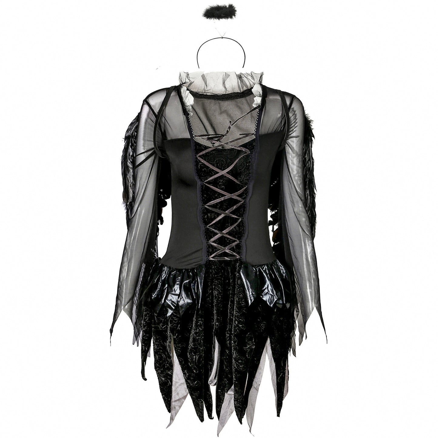 Dark Fallen Angel Halloween Costume – Lace Dress, Wings & Halo | Black or White
