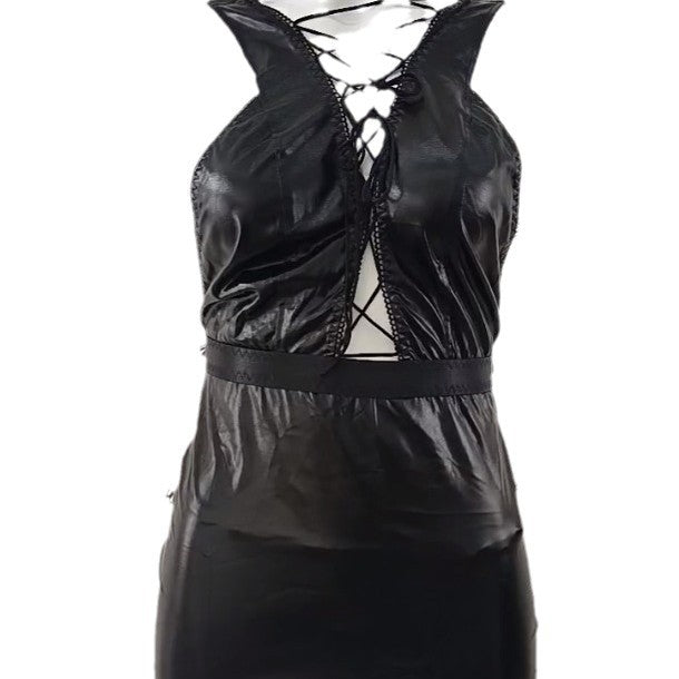 Black PU Leather Lace-Up Halter Mini Dress | Women's Performance Costume