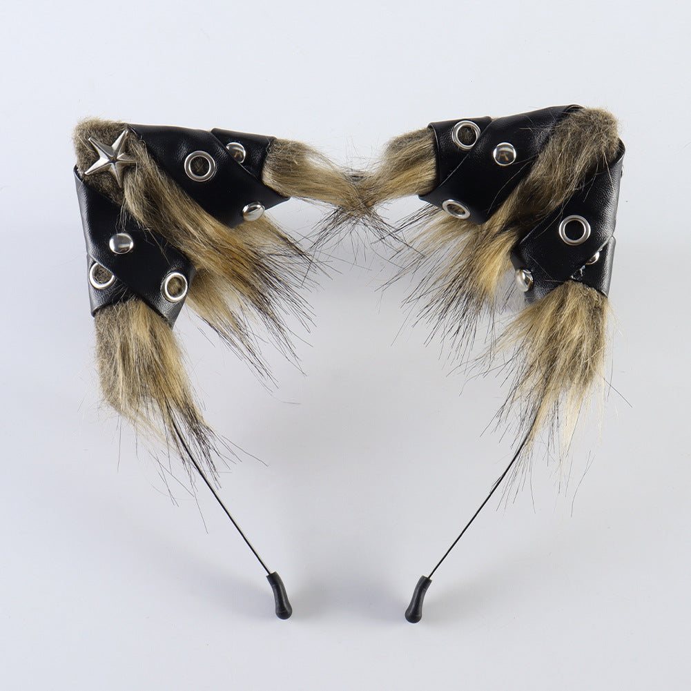 Halloween Animal Ears Headband Punk Style Leather Hair Accessory Cosplay Cat Ears Headband for Party
