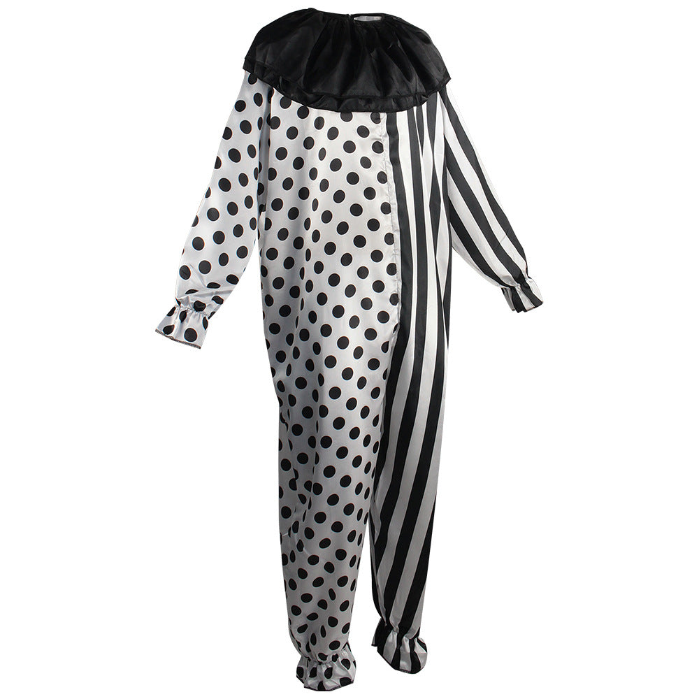Horror Clown Halloween Jumpsuit with Mask – Black & White Polka Dot & Stripe | One Size