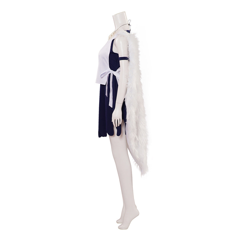 Ghost Princess Anime Cosplay Dress Set – White Crop Top, Navy Jagged Skirt, Feather Wing Sleeves & Choker | XS–3XL