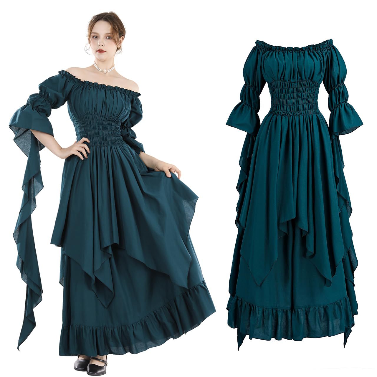 Medieval Renaissance Peasant Dress – Off-Shoulder Smocked Waist Hi-Lo Ruffle Gown | 9 Colors
