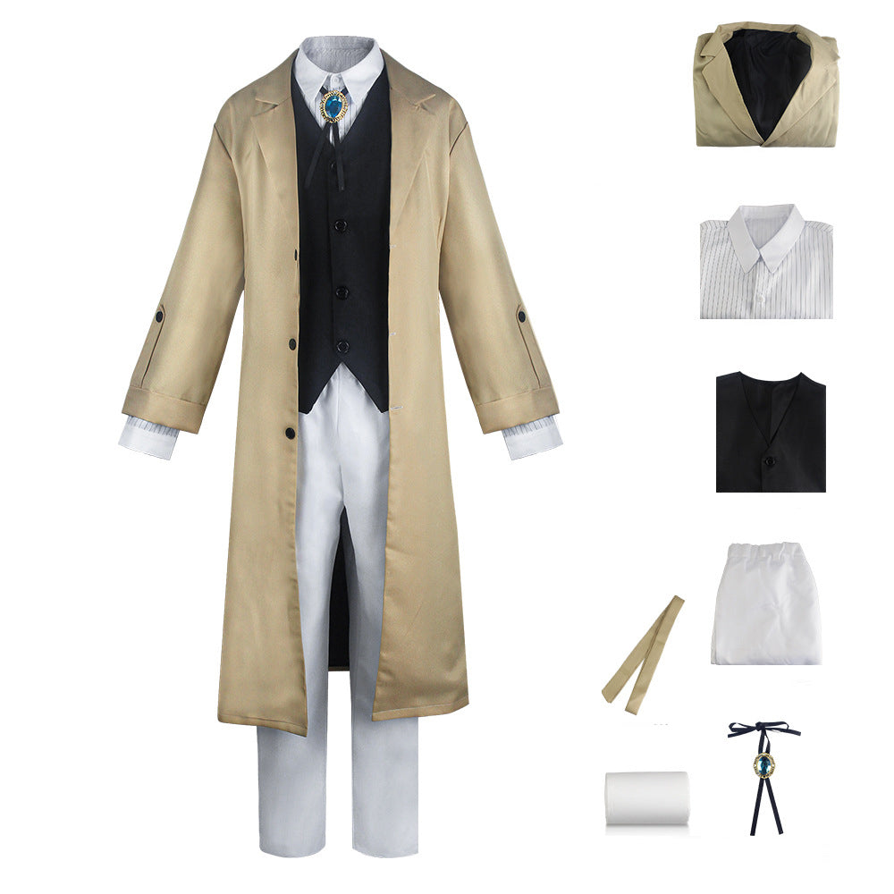 Armed Dazai Osamu Cosplay Costume – Bungo Stray Dogs | Beige Trench Coat, Black Vest, White Shirt, Trousers & Accessories | XS–3XL