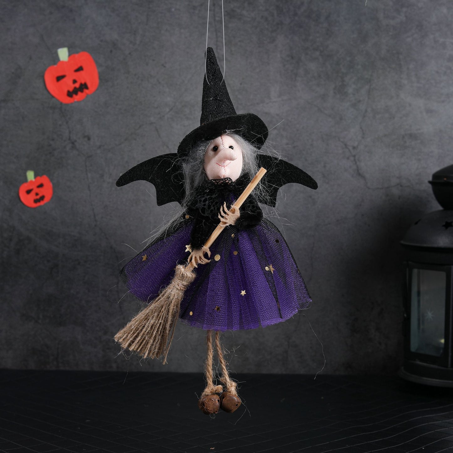 New Halloween Hanging Decoration Witch Holding Broom Tulle Skirt Pendant Toy Bar Horror Hanging Ornament Prank