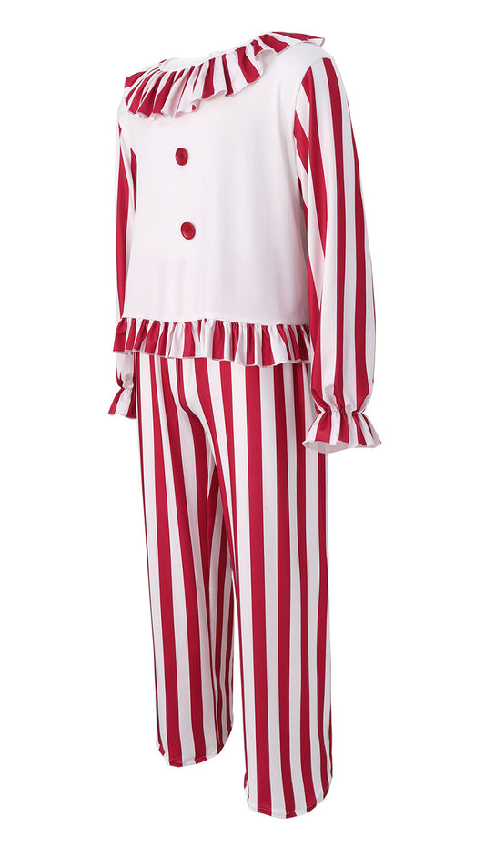 Pennywise Horror Clown Costume – IT | Red & White Stripe Top with Ruffle Collar & Stripe Pants | S–2XL