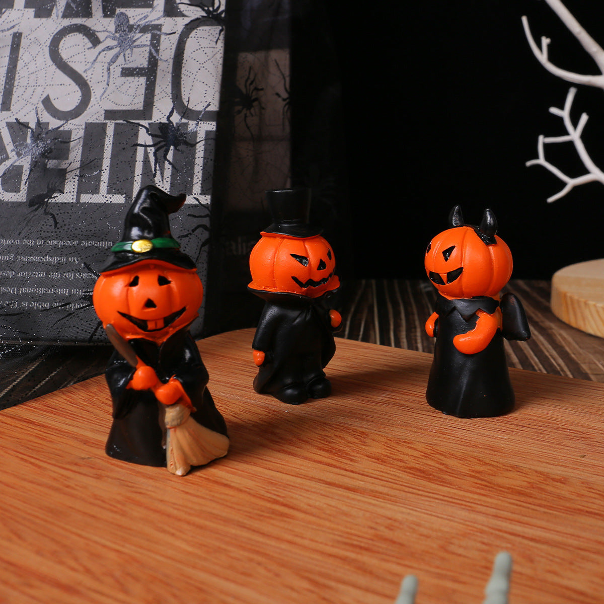 Halloween Mini Pumpkin Devil Gentleman Figurine Set Home Party Desk Resin Craft DecorationSet of Three