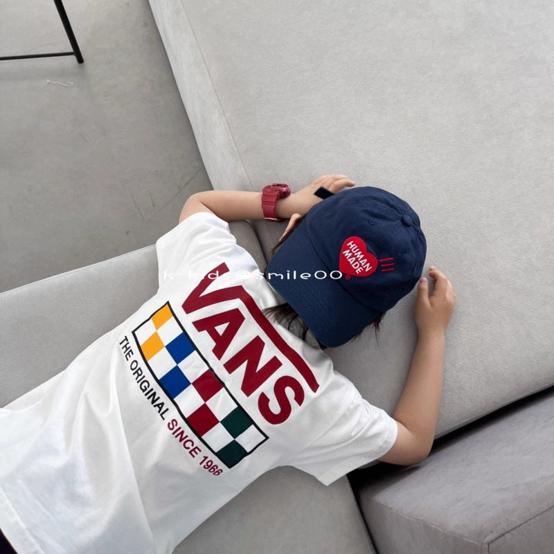 Children's Checkerboard Short Sleeve Casual T-Shirt, Loose Fit for Boys and Girls