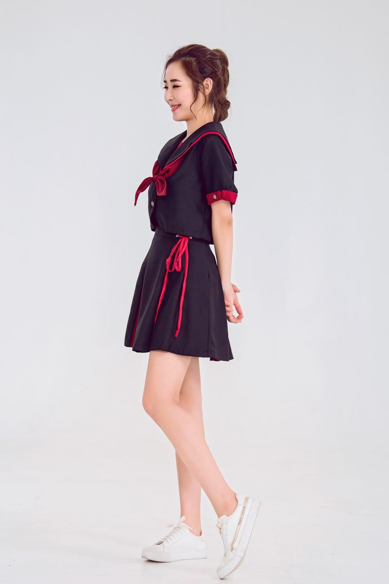 Women's Japanese Sailor School Uniform Cosplay Set – Black & Red JK Crop Jacket, Bow Tie & Pleated Skirt | S–XL