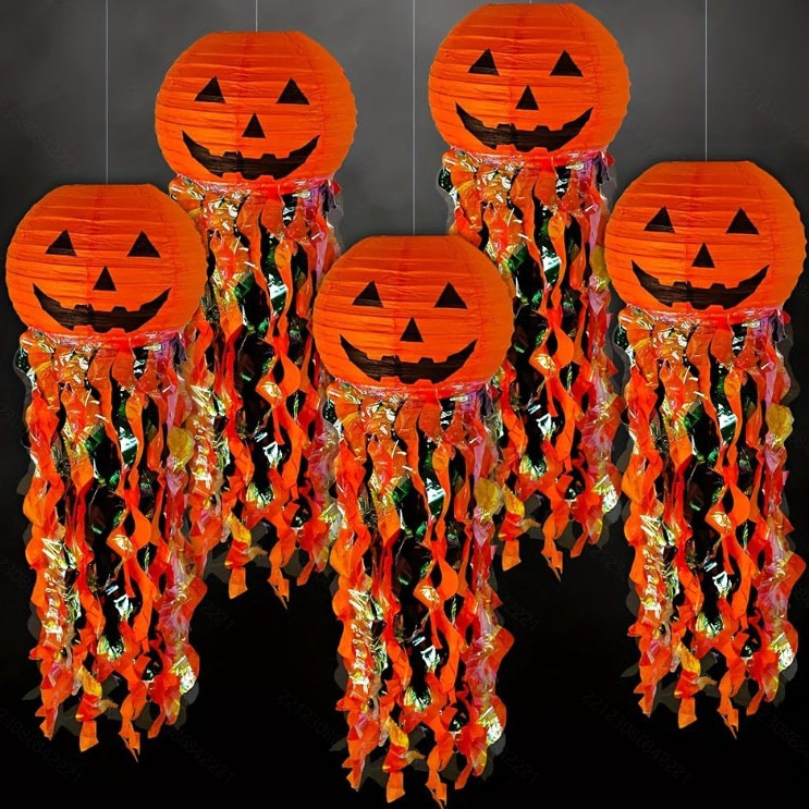 Halloween Paper Lantern DIY Handmade Jellyfish Pumpkin Head Lantern Hanging Decoration Prop Decor Scary Haunted House Door Hanging Ornament