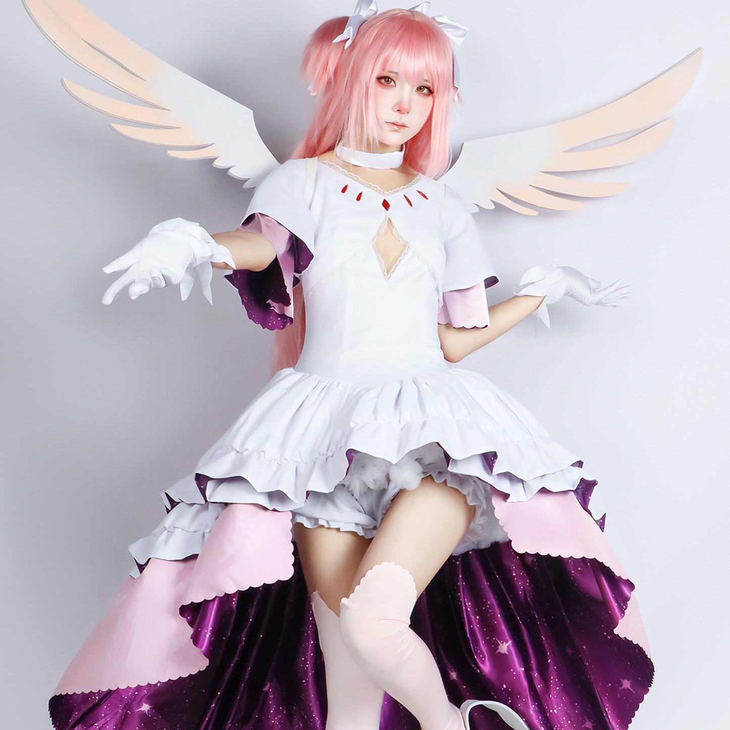 Madoka Kaname Goddess Cosplay Costume – Puella Magi Madoka Magica | White & Purple Ruffle Dress with Angel Wings | XS–3XL