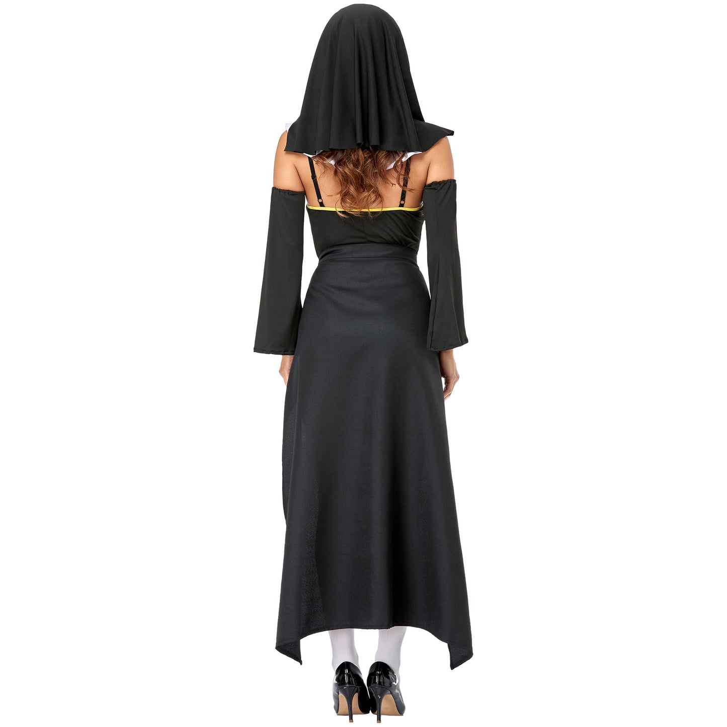 Sexy Nun Halloween Costume – Black Bodysuit, Maxi Skirt Overlay, Headscarf & Cross Socks | Women's M–XL