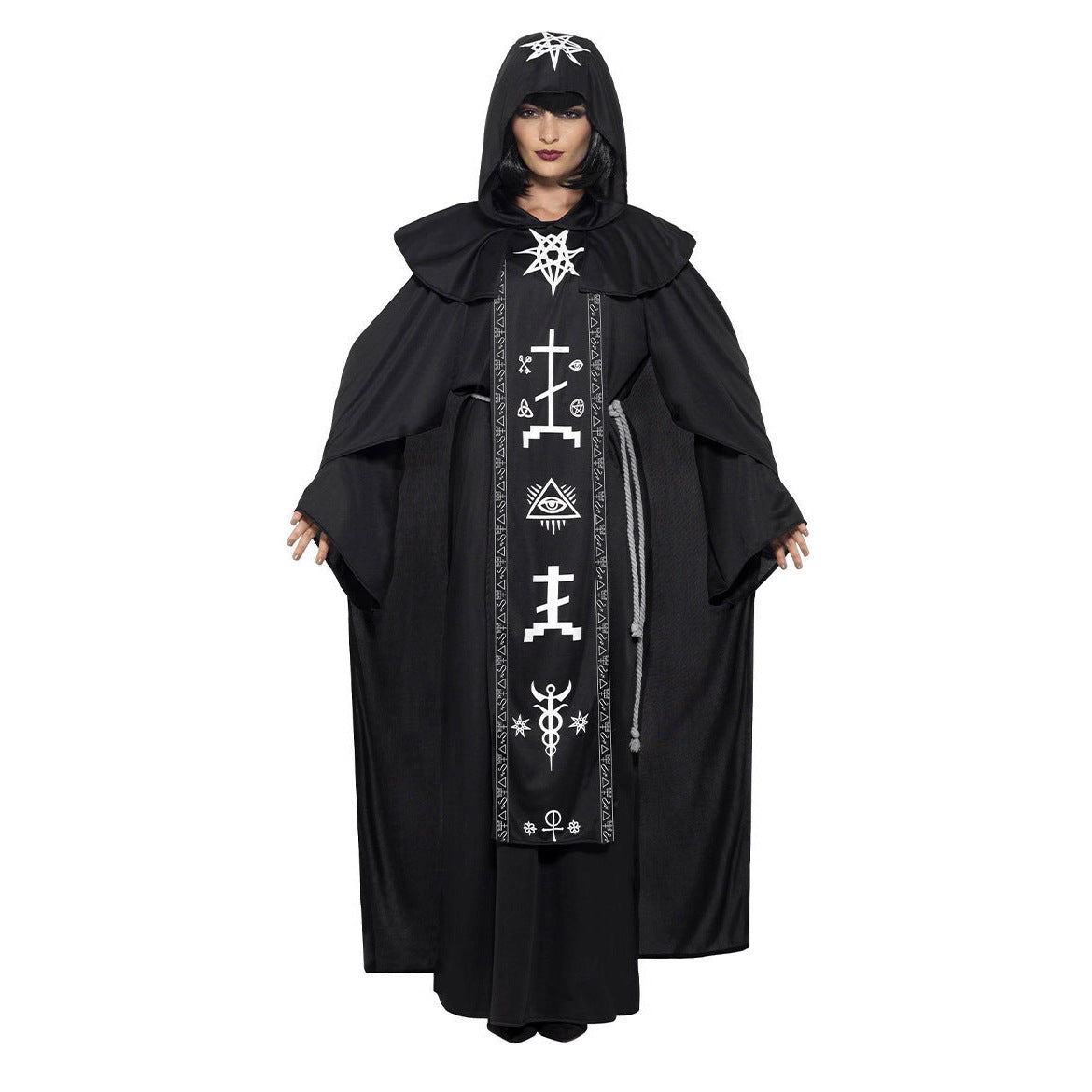 Dark Occult Ritual Robe Halloween Costume – Couples His & Hers Hooded Robe with Arcane Symbol Stole | M–XL