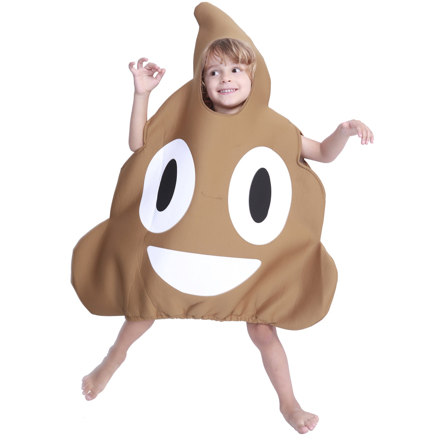 Kids' Poop Emoji Novelty Halloween Costume – Brown Padded Foam Body Suit with Smiling Face & Swirl Hood | One Size (M)