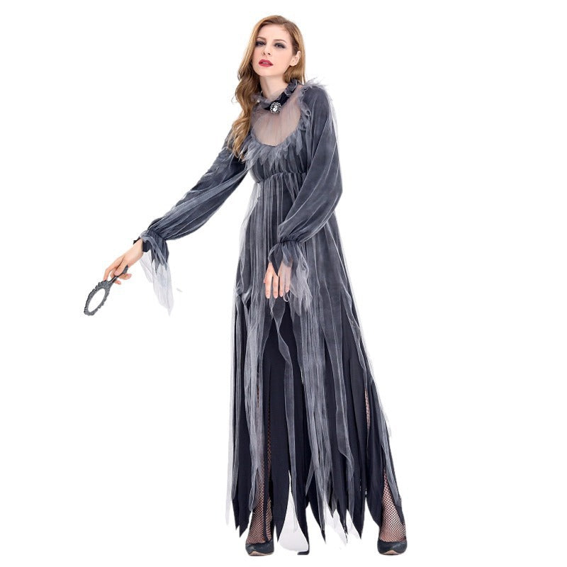 Women's Ghost Bride Halloween Gown – Dark Grey Tattered Mesh Dress with Sheer Sleeves & Jewelled Choker | S–2XL