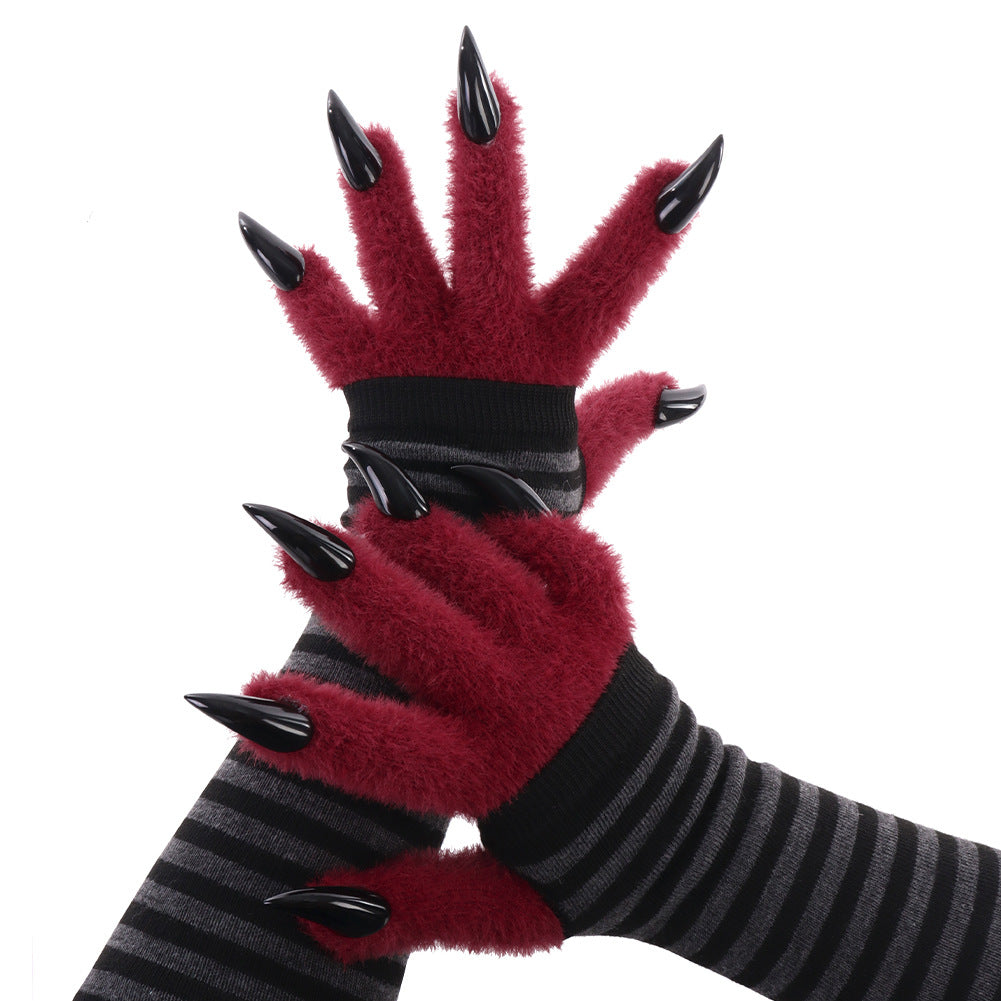 Kigurumi Claw Plush Gloves Striped Long Sleeve Gloves Warm Pointed Claw Design Cosplay Performance Props