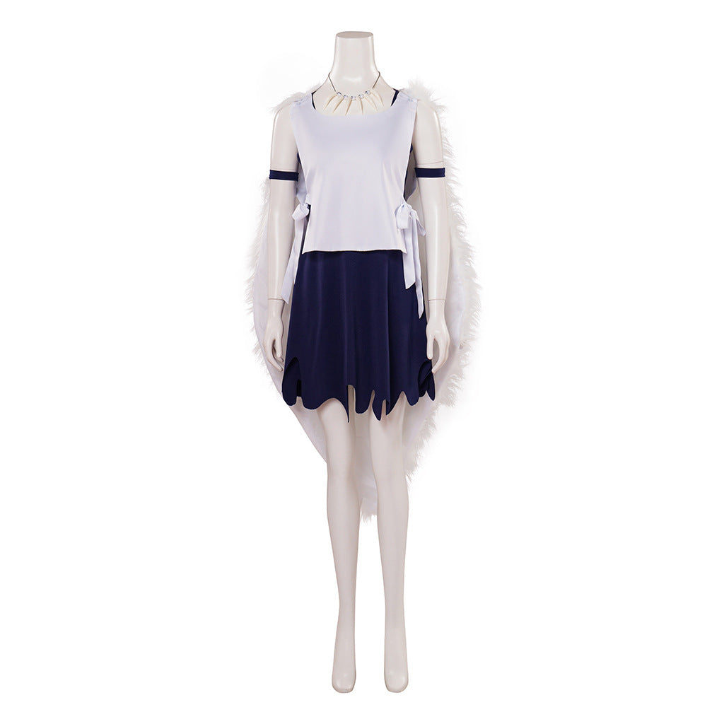 Ghost Princess Anime Cosplay Dress Set – White Crop Top, Navy Jagged Skirt, Feather Wing Sleeves & Choker | XS–3XL