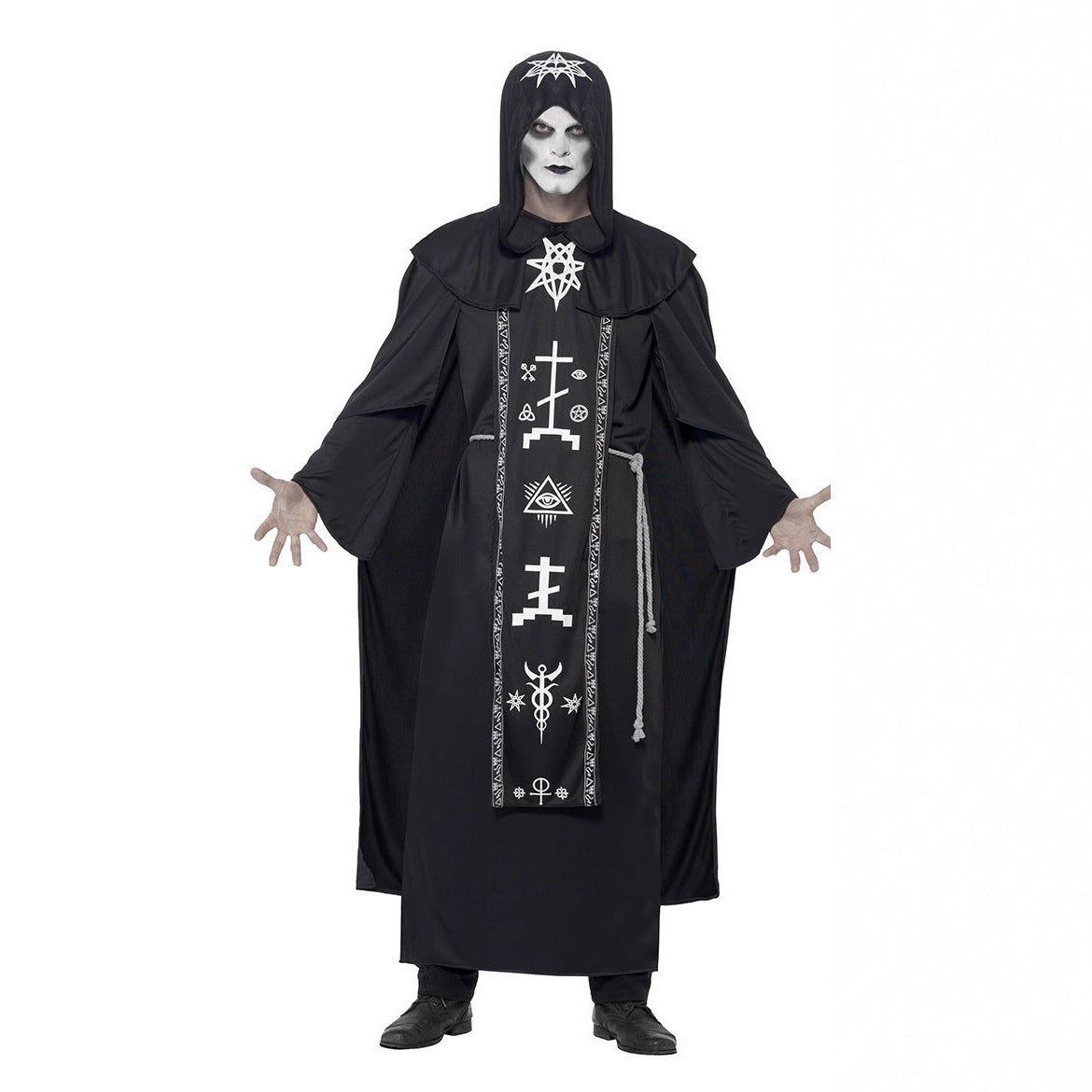 Dark Occult Ritual Robe Halloween Costume – Couples His & Hers Hooded Robe with Arcane Symbol Stole | M–XL