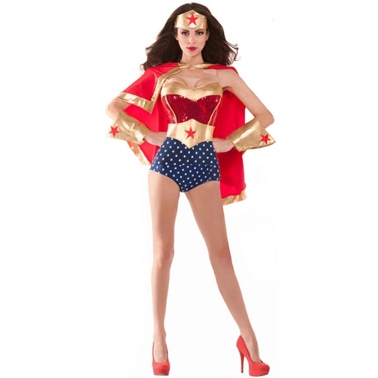 Halloween Costume Women's Cape Superhero Outfit Sexy Bodysuit Cloak Wonder Woman Uniform