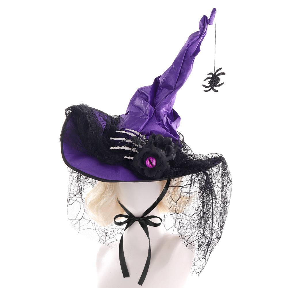 Halloween Ruffled Lace Witch Hat for Party, Costume Cosplay, Black Bone Decorated Wizard Hat
