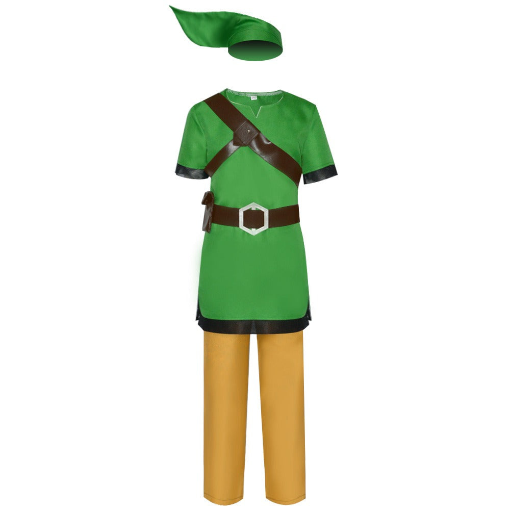 Link Cosplay Costume – The Legend of Zelda: Skyward Sword | Green Tunic, Tan Trousers, Brown Leather Strap, Belt & Elf Hat | XS–3XL