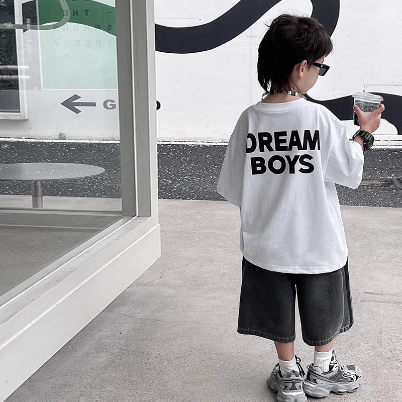 Casual Boy's Short Sleeve Lightweight Letter Print Black Cool Kids Stylish Children's Top