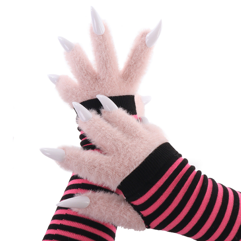 Kigurumi Claw Plush Gloves Striped Long Sleeve Gloves Warm Pointed Claw Design Cosplay Performance Props