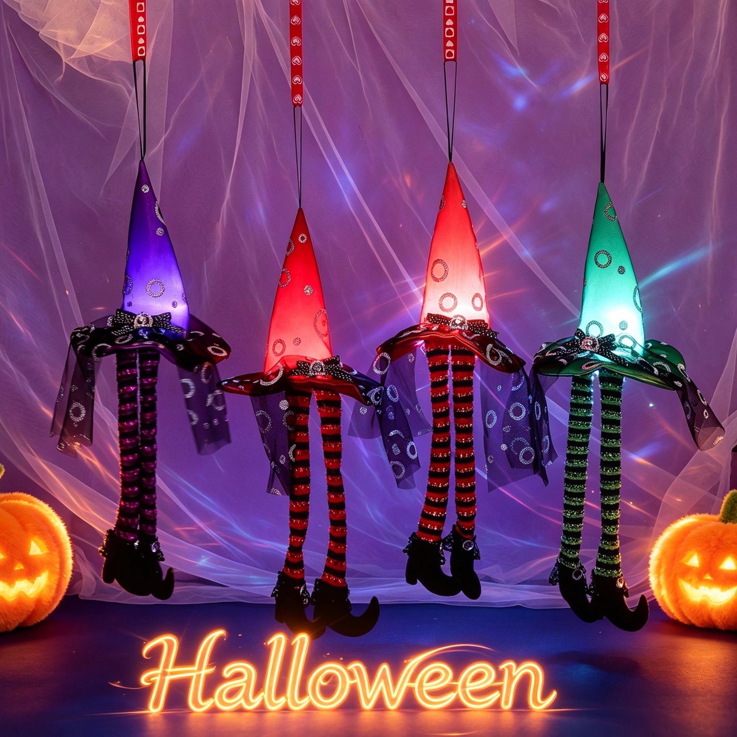 Halloween Witch Hat Window Hanging Decoration Striped Long Legs Party Atmosphere Decor for Bars and Parties