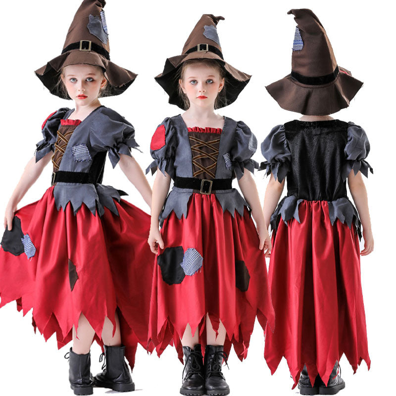 Girls' Ragged Witch Halloween Costume Set – Grey & Red Patchwork Dress with Jagged Hem & Witch Hat | Heights 120–150 cm