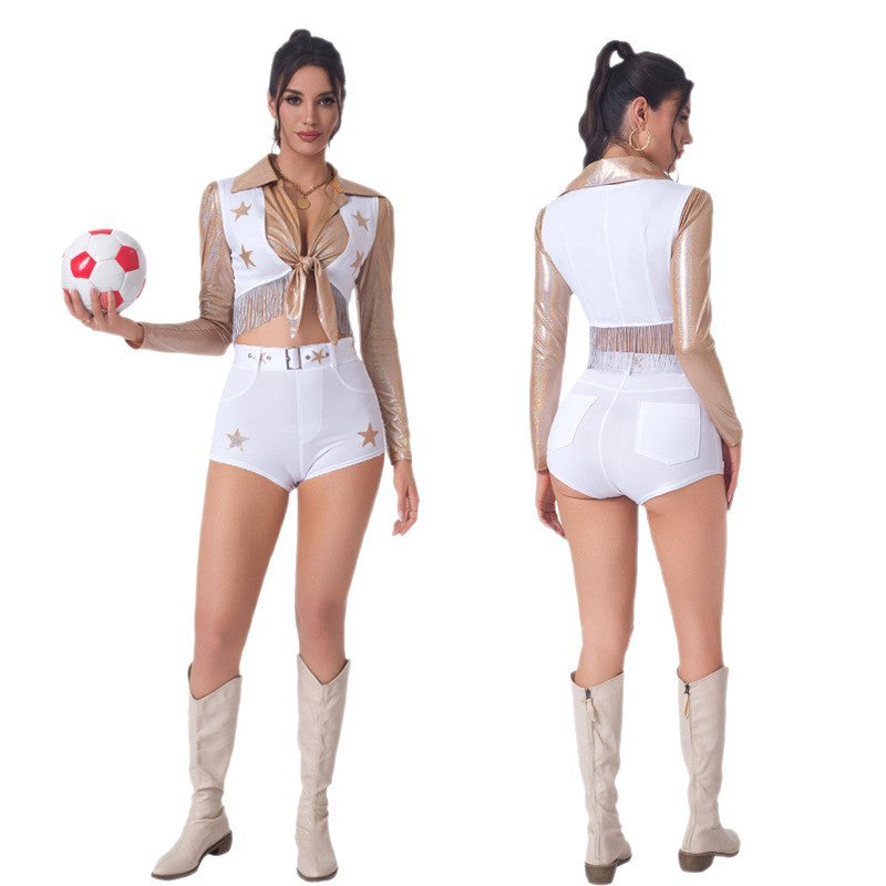 Women's Sexy Cheerleader Halloween Costume – Star Print Crop Jacket & Shorts Set | 4 Styles | M–XL