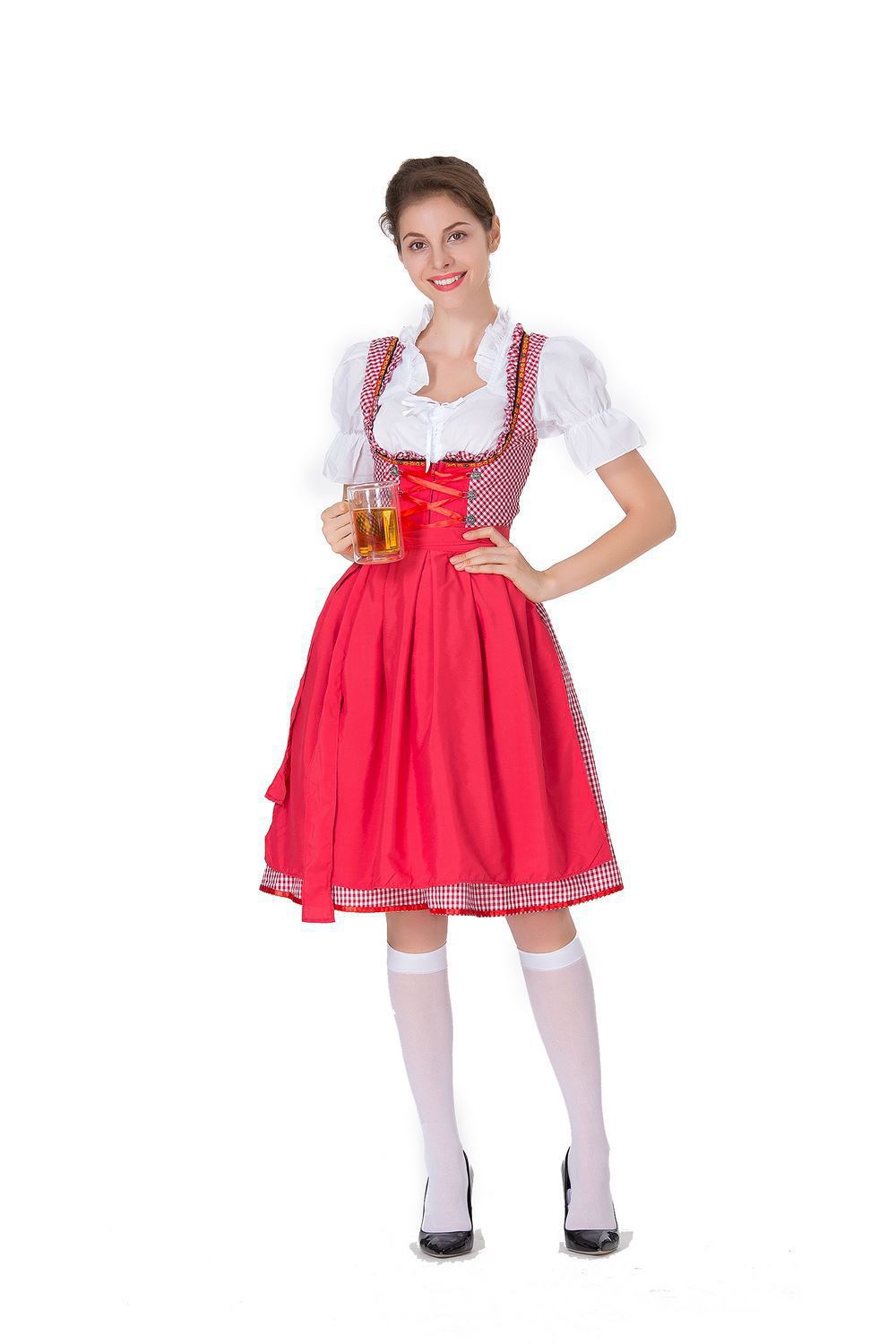 Women's German Oktoberfest Dirndl Costume – Plaid Dress, White Blouse & Apron | 3 Colors | S–3XL