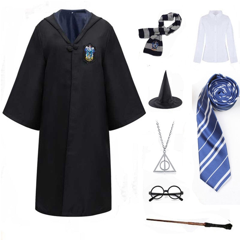 Slytherin Halloween Cosplay Costume  Adult Cloak Robe Tie Scarf Magic Wand Children Suits Cosplay Clothes Accessories