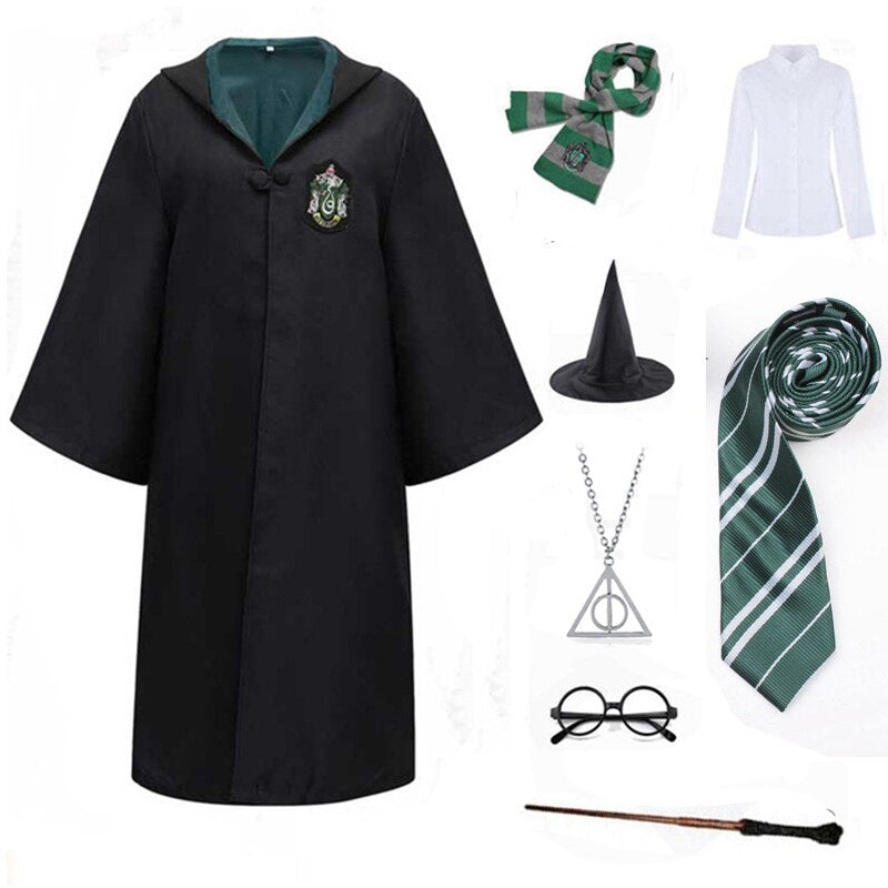 Slytherin Halloween Cosplay Costume  Adult Cloak Robe Tie Scarf Magic Wand Children Suits Cosplay Clothes Accessories