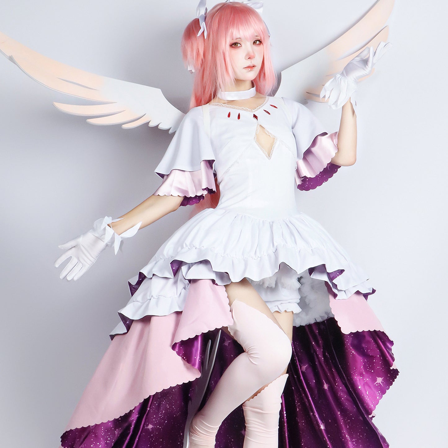 Madoka Kaname Goddess Cosplay Costume – Puella Magi Madoka Magica | White & Purple Ruffle Dress with Angel Wings | XS–3XL