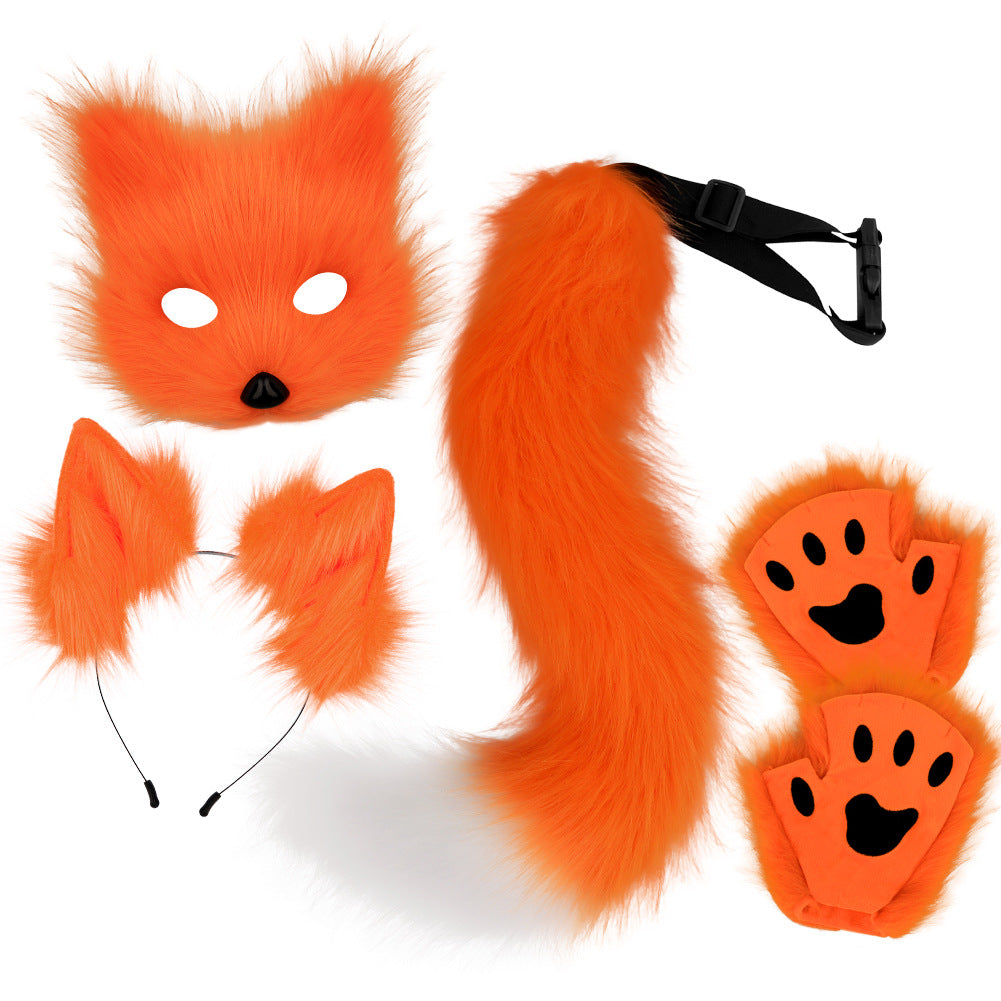 Halloween Plush Fox Mask Set with Faux Fox Ears Headband, Tail, Animal Paws and Cosplay Accessories