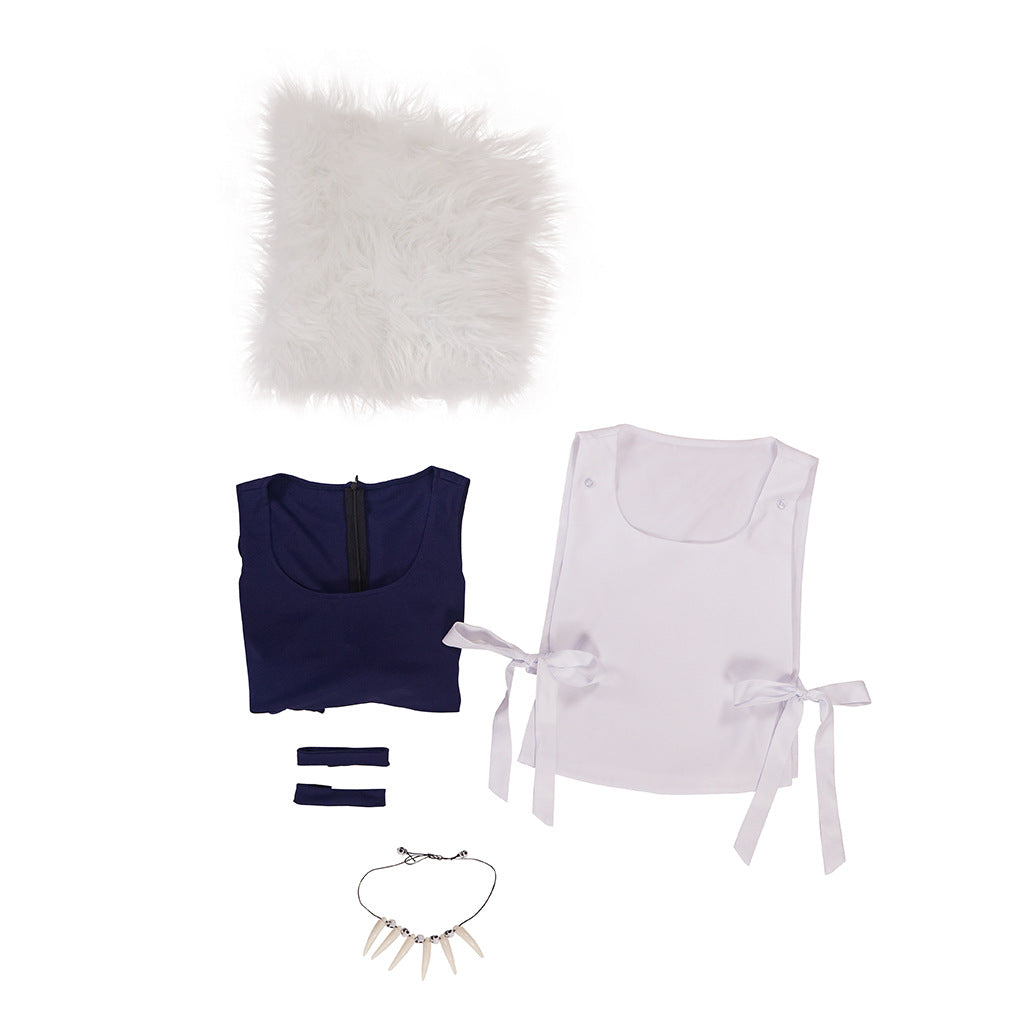 Ghost Princess Anime Cosplay Dress Set – White Crop Top, Navy Jagged Skirt, Feather Wing Sleeves & Choker | XS–3XL