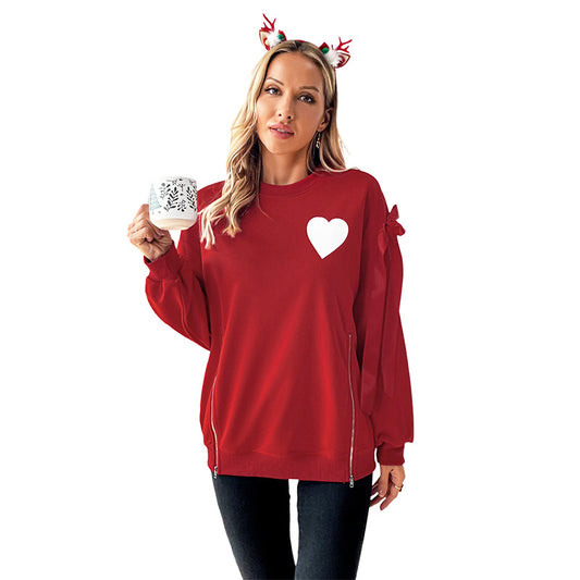 Women's Christmas Heart Sweatshirt – Red Oversized Pullover with Side Zips & Bow Sleeves | S–XL