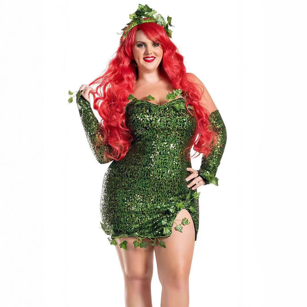 Green Sequin Leaf Dress – Sleeveless V-Neck High Waist | Mini or Maxi Length | Women's S–3XL