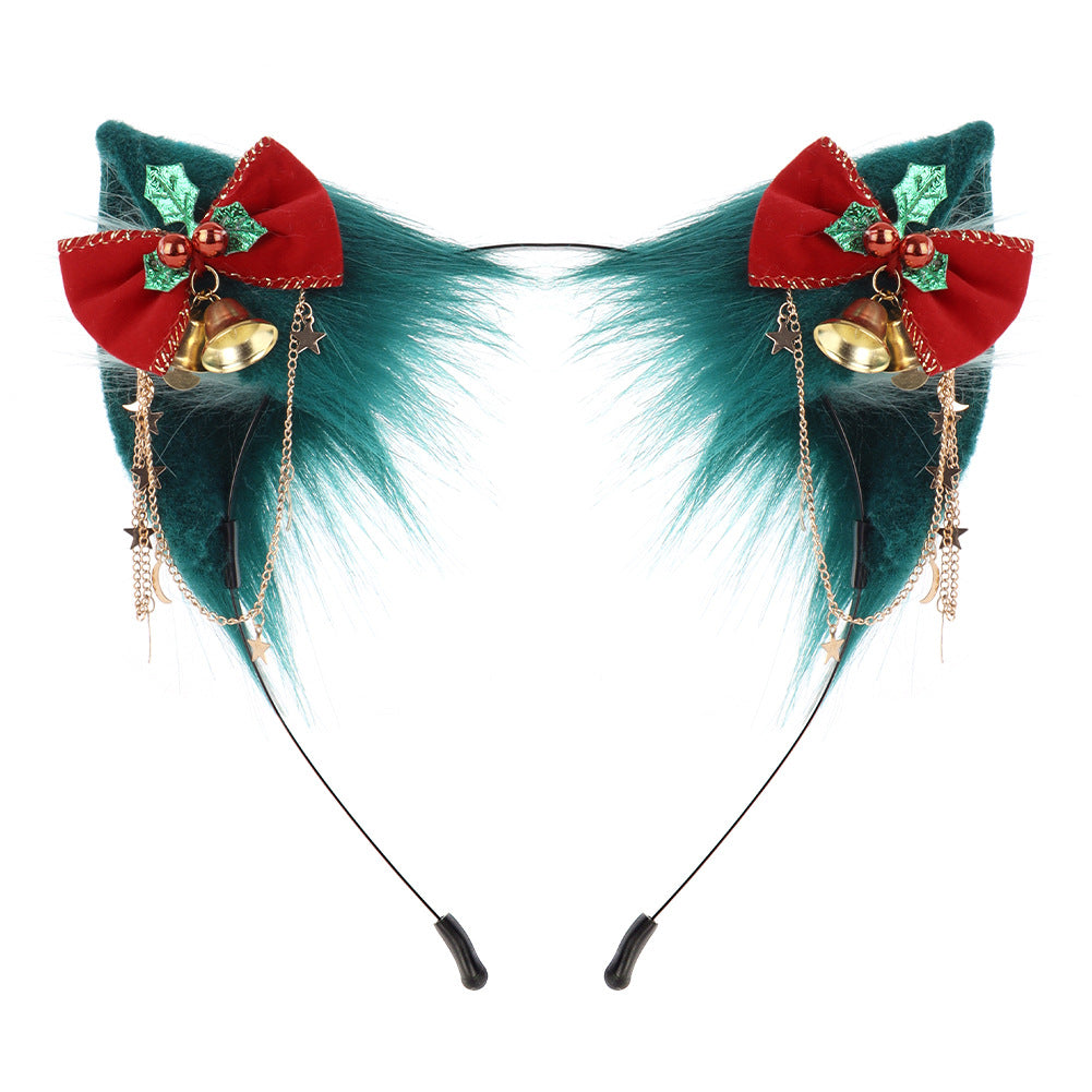 Christmas Animal Ears Headband Handmade Cat Ears Faux Fur Green Realistic Cat Lolita Headband