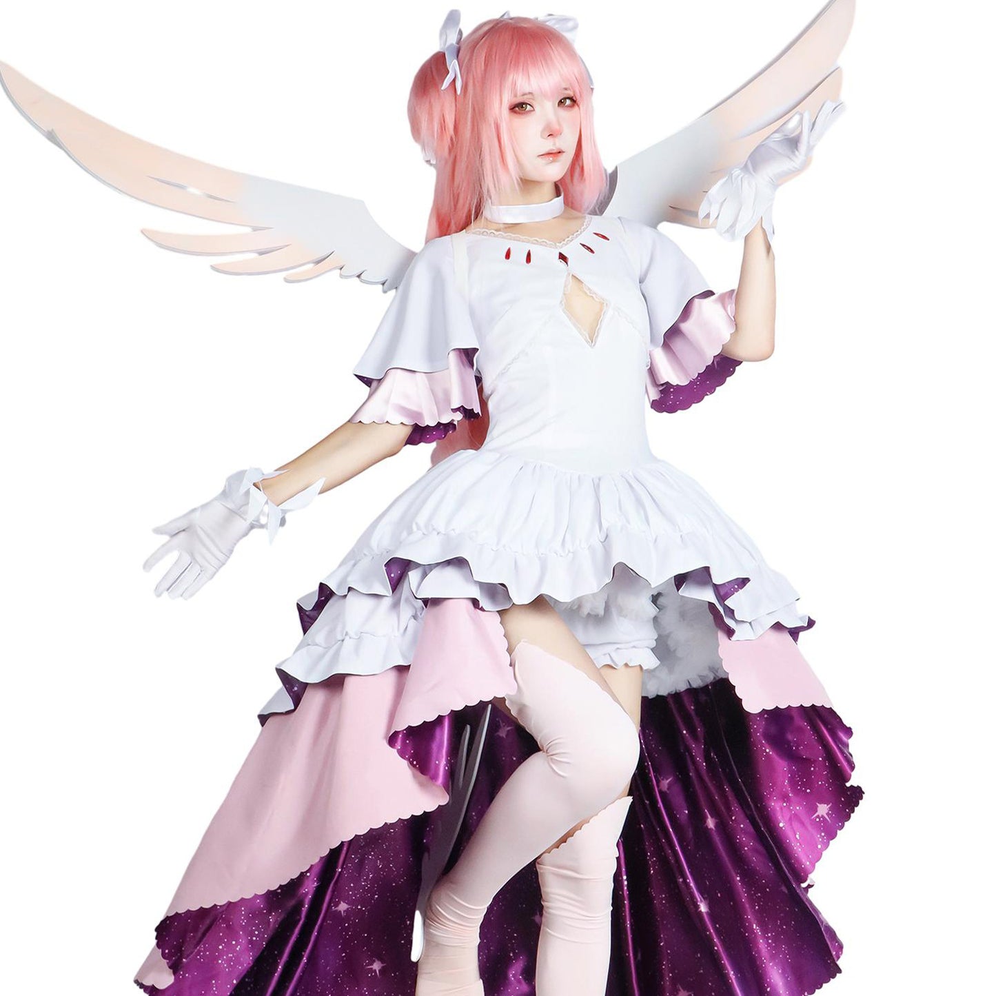 Madoka Kaname Goddess Cosplay Costume – Puella Magi Madoka Magica | White & Purple Ruffle Dress with Angel Wings | XS–3XL