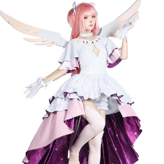 Madoka Kaname Goddess Cosplay Costume – Puella Magi Madoka Magica | White & Purple Ruffle Dress with Angel Wings | XS–3XL