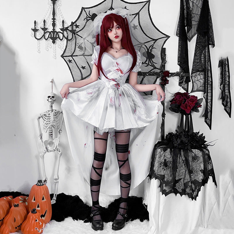 Gothic Zombie Bride Halloween Costume | Blood Splatter Dress & Veil Set | Women's