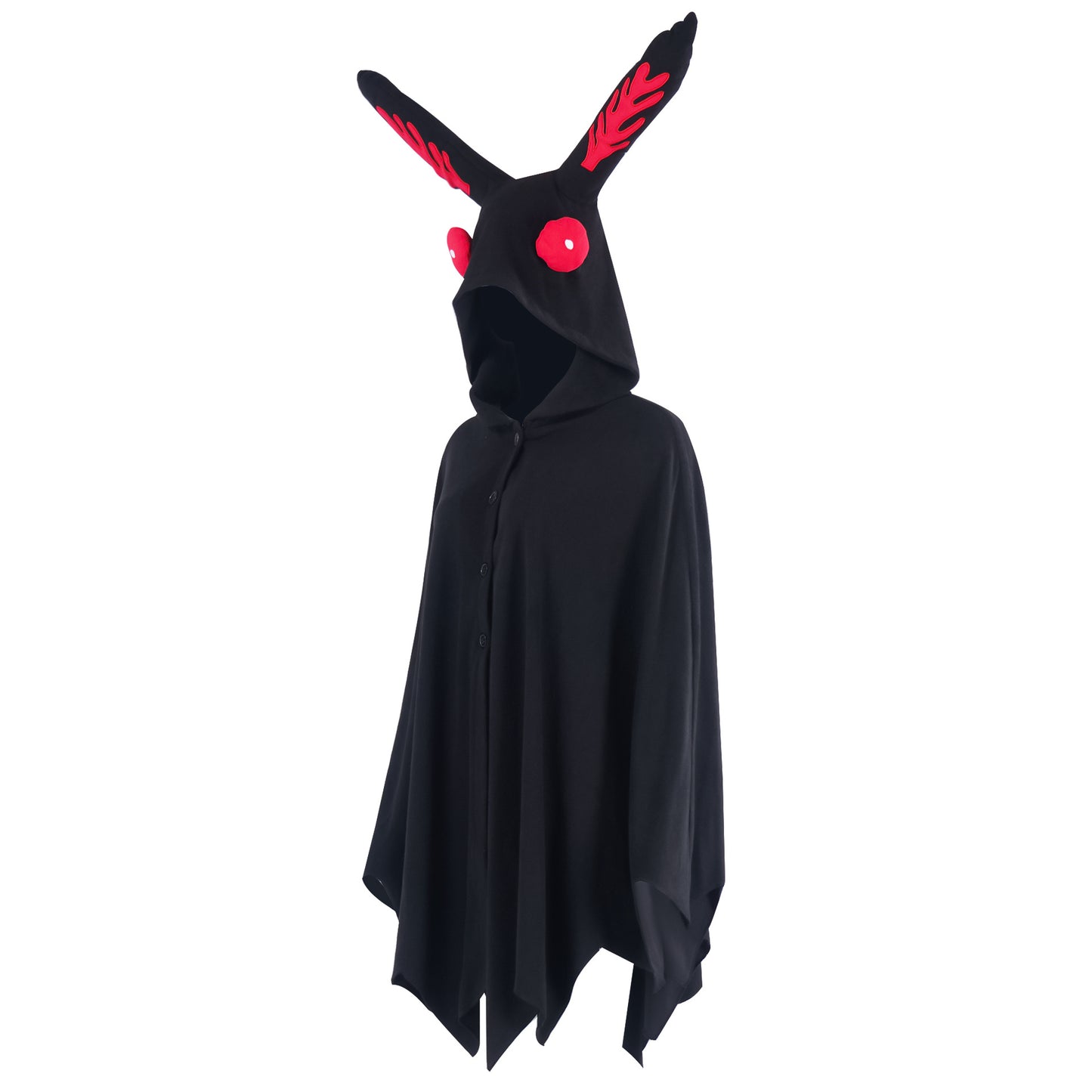 Mothman Cosplay Cape Costume – Black Hooded Cape with Red Glowing Eyes & Moth Wings Hood | S–M to 2XL–3XL