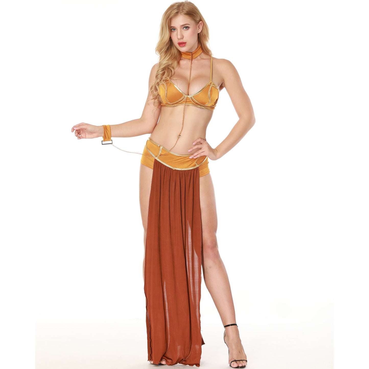 Women's Glamorous Mesh Maxi Dress Set – Bra Top, Long Skirt & Neck Chain | Black & Brown | S–2XL